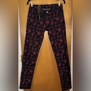 Fave Floral Patterned Black and Red Jeans, Size 7